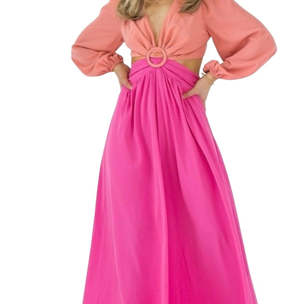 Entro Maxi Dress Womens M Pink Peach Ring Detail Cutout Open Back
